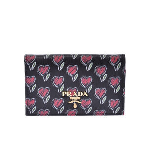 Prada Floral Heart Wallet Black Calfskin Business